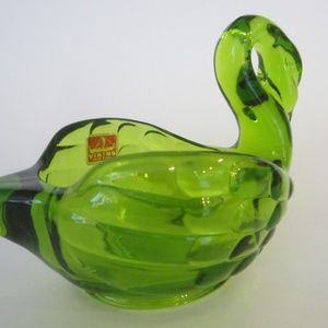 Viking Swan Mid Century Green Glass Candy Bowl New With Sticker
